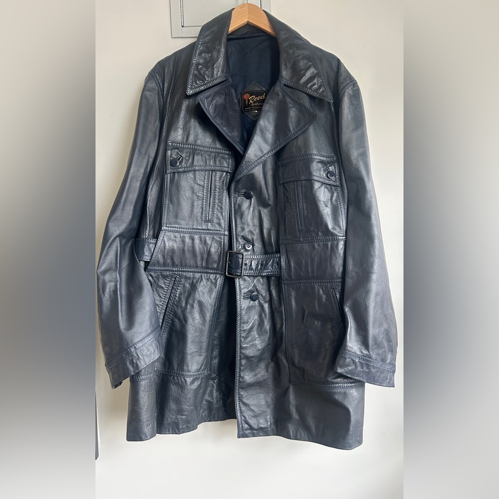 Vintage Leather Coat Belted Navy Yugoslavia Luxury Car Coat